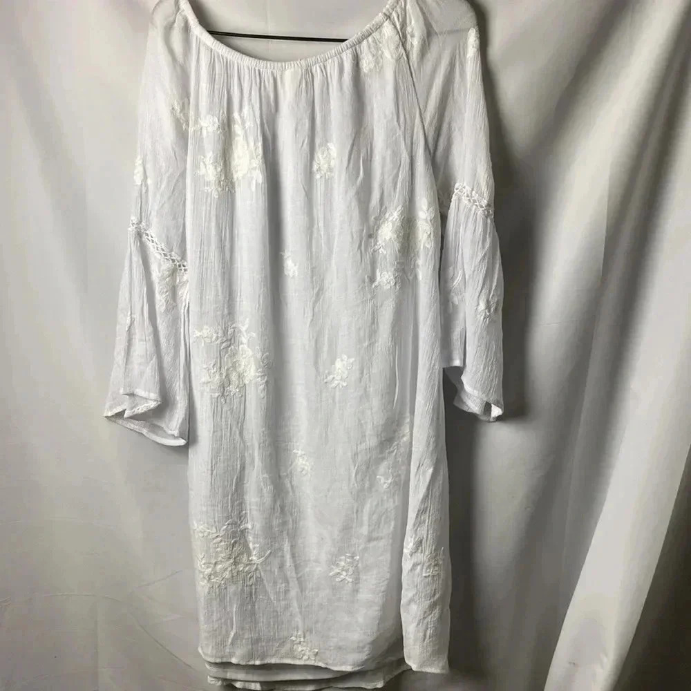 FIG AND FLOWER SIZE XL WHITE GAUZY DRESS LINED BELL SLEEVES EMBROIDERED‎ DESIGN - Picture 11 of 14